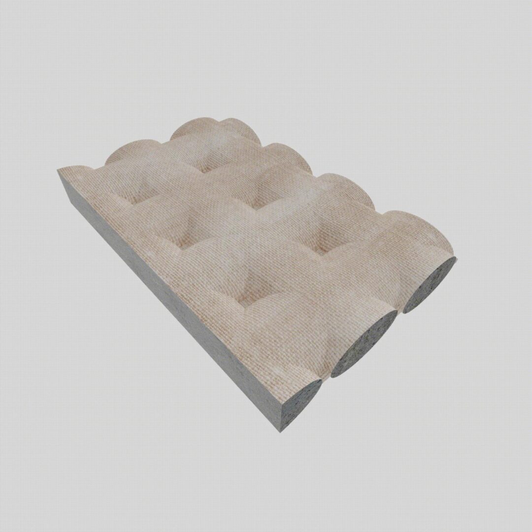 A 3d model of a beige cushion on a white background.